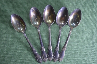 Ложки чайные (5 штук). Мельхиор, Кольчугино, рисунок роза. Знак качества, МНЦ, СССР.