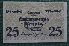 Нотгельд, бона город Мелле, 25 пфеннингов. Melle, Нижняя Саксония, Германия. 24 февраля 1920 года.