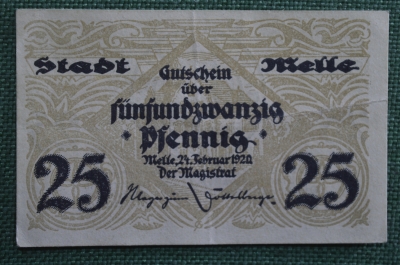 Нотгельд, бона город Мелле, 25 пфеннингов. Melle, Нижняя Саксония, Германия. 24 февраля 1920 года.