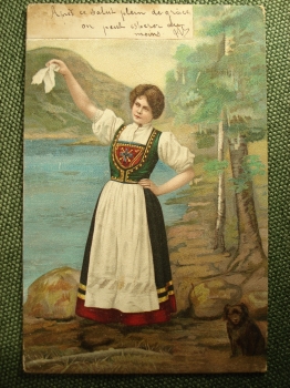 Открытка "Девушка в национальном костюме машет платочком". Болгария, 1906 год. #O1
