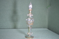 Флакон парфюмерный интерьерный большой с пробкой. Тонкое цветное зеленое стекло. СССР. #U