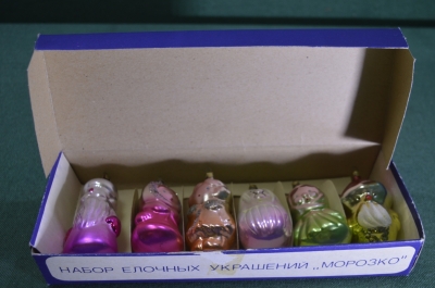 Набор елочных игрушек "Морозко". 6 штук. В коробке. Стекло. МПО Иней. СССР.