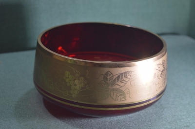 Ваза фруктовница "Богемия Bohemia Виноград". Цветное стекло. Позолота. Чехословакия времен СССР. #U