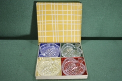 Розетки для икры или варенья "Лист". Стекло. Хрусталь. Набор 4 шт. в коробке. Чехословакия. #U 