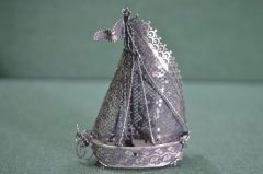 Настольная композиция статуэтка "Корабль парусник". Тяжелый металл. Клеймо. Серебрение. Европа. #U