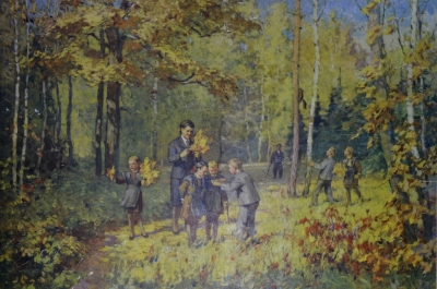 Советский плакат, школьный "В лесу осенью". Наглядное учебное пособие для 1 класса. 1965 г. СССР.