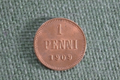 Монета 1 пенни 1909 года. Финляндия. Российская Империя. UNC.
