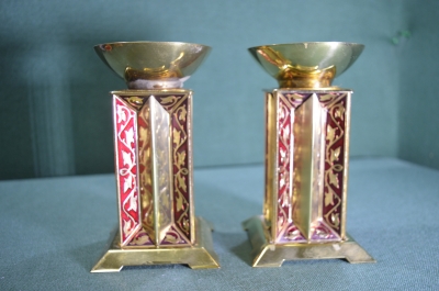 Подсвечники латунные парные "Модерн". Латунь. Эмаль. Клеймо. СССР. #U