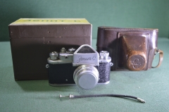 Фотоаппарат "Зенит С", с кофром. № 57293387. Объектив Индустар-50. Коробка. СССР. 1950е.
