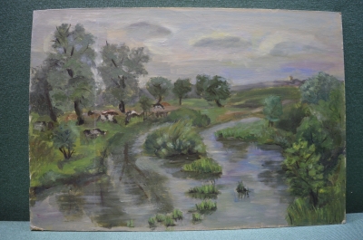 Картина "Коровы у реки". Оргалит, масло. Худ. Краснов Б.А.