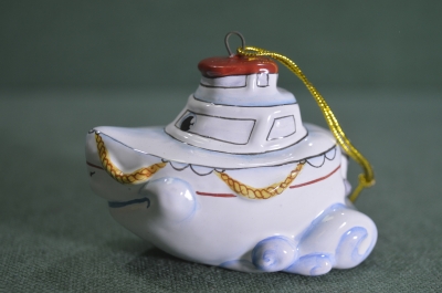 Игрушка елочная "Катер, катерок, кораблик". Моряк, буксир. Керамика, майолика, ручная роспись. #1