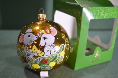 Елочная игрушка из стекла, шар "Зодиак", золотистый Мышки с сыром. Стекло. Клинское объед. "Елочка".