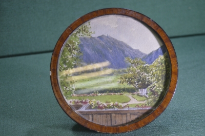 Картина старинная круглая в рамке. Акварель. Германия. Бавария. 1923 год.