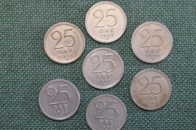 Монеты 25 эре периода 1944 - 1950 гг., Швеция. Серебро. Подборка, 7 штук.
