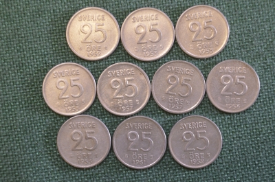 Монеты 25 эре периода 1952 - 1961 гг., Швеция. Серебро. Подборка, 10 штук.