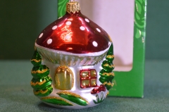 Елочная игрушка из стекла "Домик грибок". Мухомор. Стекло. Клинское объединение "Елочка".
