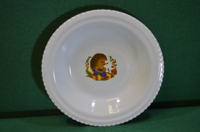 Тарелка детская эмалированная "Еж ежик". Металл, эмаль. СССР.