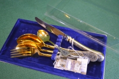 Столовые приборы серебряные на 1 персону. Северная Чернь. Серебро 925 проба, позолота, вес 212 гр.