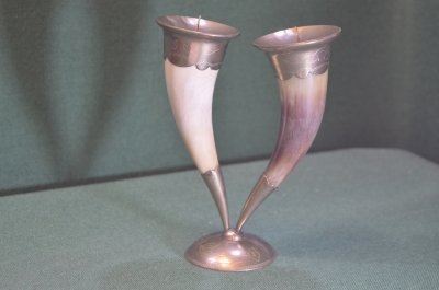 Подсвечник двойной. Рог. Мельхиор. Чечня. Дагестан. Северный Кавказ. СССР.