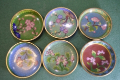 Блюдце розетка. Набор 6 шт. Латунь. Эмаль. Клуазоне. Старый Китай. 1950е.
