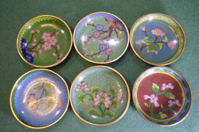Блюдце розетка. Набор 6 шт. Латунь. Эмаль. Клуазоне. Старый Китай. 1950е.