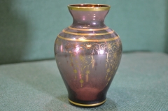 Ваза вазочка стеклянная "Модерн". Дымчатое стекло, позолота. Богемия. Bohemia. Чехословакия.