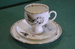 Кофейная тройка фарфоровая "Бабочка". Фарфор. Чашка + блюдце + тарелочка. Фарфор. ЛФЗ.