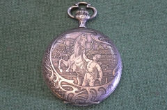 Часы старинные карманные сюжетные "Скачки лошадь". Германия. Начало 20го века.