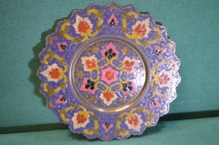 Тарелка настенная латунная 28 см. Узор. Резьба. Эмаль. Винтаж. Индия.