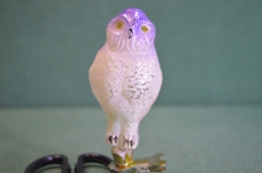 Елочная игрушка стеклянная "Сова умная, филин". Стекло, прищепка. СССР.