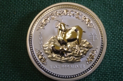Монета 1 доллар 2003 год, серебряная, 1 унция. Коза лунар. Позолота. Серебро 999 проба. Австралия.