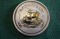 Монета 50 центов 2003 год, серебряная, 1/2 унции. Позолота. Коза лунар. Серебро 999 проба. Австралия