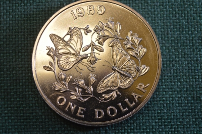 Монета 1 доллар 1989 год. Бабочка Данаида монарх. Елизавета II, Бермуды, Бермудские острова, Bermuda