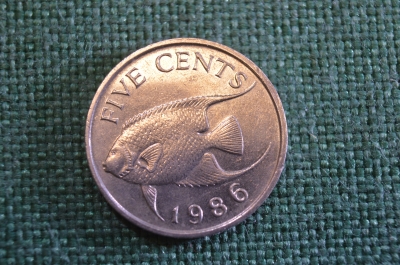 Монета 5 центов 1986 год. Five cents. Рыба. Елизавета II, Бермуды, Бермудские острова.