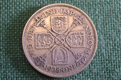 Монета 1 флорин 1928 год. One florin. Серебро. Георг V, Великобритания.