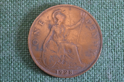 Монета 1 пенни 1928 год. One penny. Георг V, Великобритания.