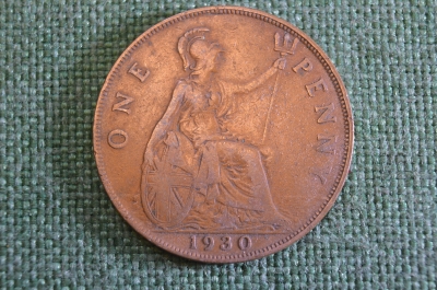 Монета 1 пенни 1930 год. One penny. Георг V, Великобритания.