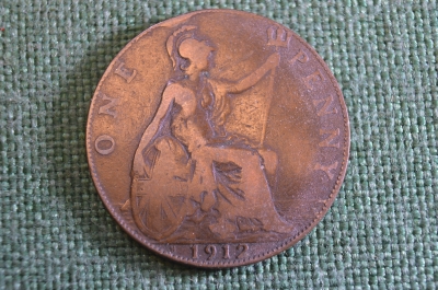 Монета 1 пенни 1912 год. One penny. Георг V, Великобритания.