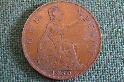 Монета 1 пенни 1930 год. One penny. Георг V, Великобритания.