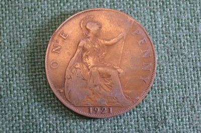 Монета 1 пенни 1921 год. One penny. Георг V, Великобритания. 