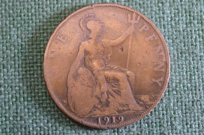 Монета 1 пенни 1919 год. One penny. Георг V, Великобритания. 