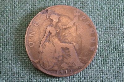 Монета 1 пенни 1912 года. One penny. Георг V, Великобритания.