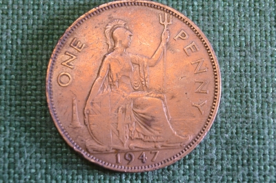 Монета 1 пенни 1947 год. One penny. Георг VI, Великобритания.