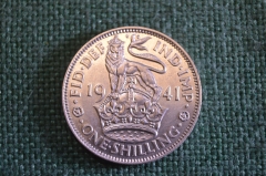 Монета 1 шиллинг 1941 год. One shilling. Серебро. Георг VI, Великобритания.