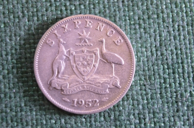 Монета 6 пенсов 1952 год. Six pence. Кенгуру и страус. Георг VI, Австралия.