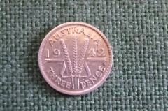 Монета 3 пенса 1942 год. Three pence. Колосья. Серебро. Георг VI, Австралия. 