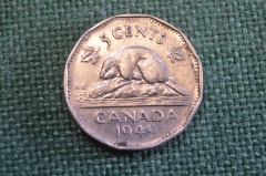Монета 5 центов 1949 год. Бобр, бобер. Елизавета II. Canada, Канада.
