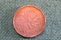 Монета 1 цент 1991 год. Кленовый лист. Елизавета II. Canada, Канада.