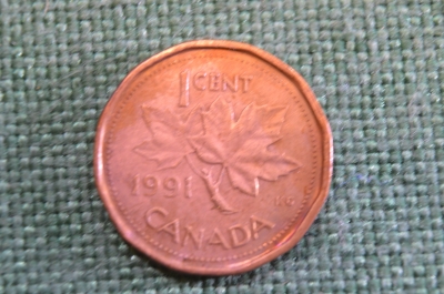 Монета 1 цент 1991 год. Кленовый лист. Елизавета II. Canada, Канада.