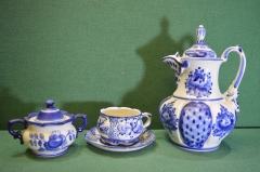 Сервиз чайный на одну персону. Чайник, сахарница, кружка с блюдцем. Гжель. Авторская.